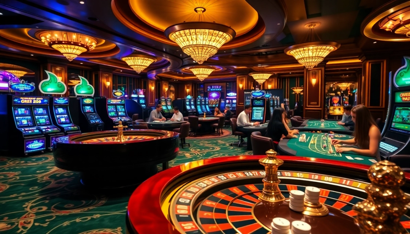 Engaging gambling scene at OPEN88 with players at poker and slot machines.