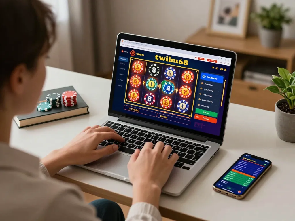 Engaging gaming scene showing a player accessing twiin68 online casino, focusing on strategy with laptop and mobile app.