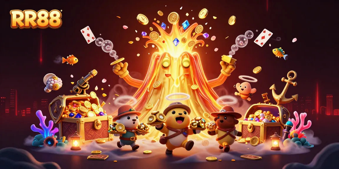 Spin the reels at RR88’s thrilling casino adventure with a triumphant volcano and treasure-filled landscape.