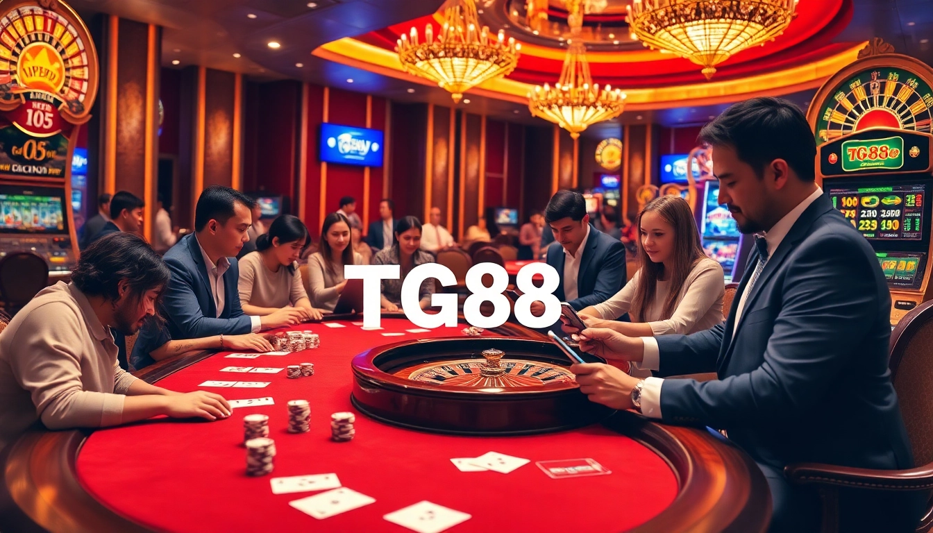 Gambling action at TG88 casino with vibrant poker tables and excited players.