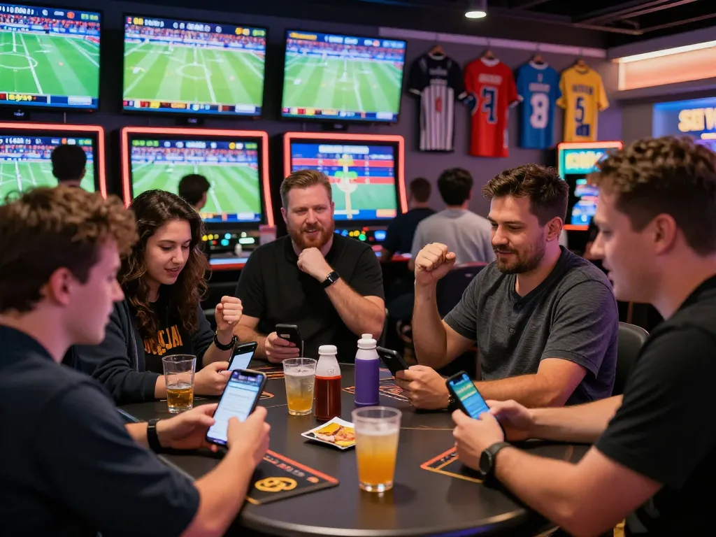 Betting excitement at UK88 sports area with screens showing live events and enthusiastic players.