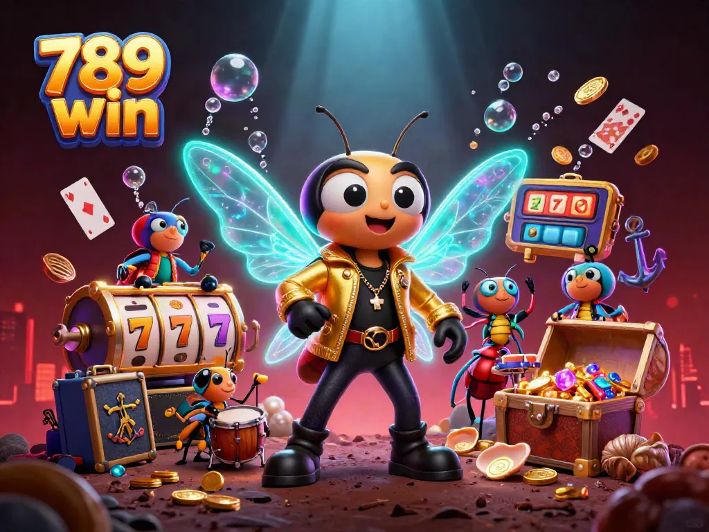Experience the excitement of 789 win with vibrant casino-themed characters and treasures in a dynamic scene.