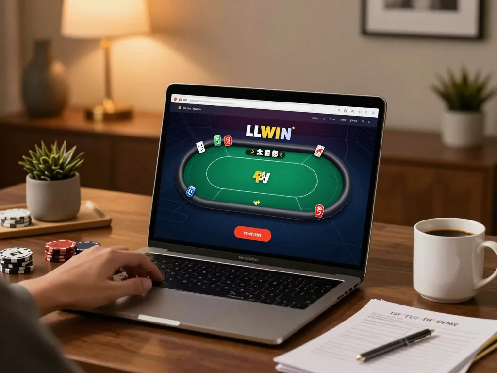 Engaging online poker session on LLWIN with laptop and strategy notes.