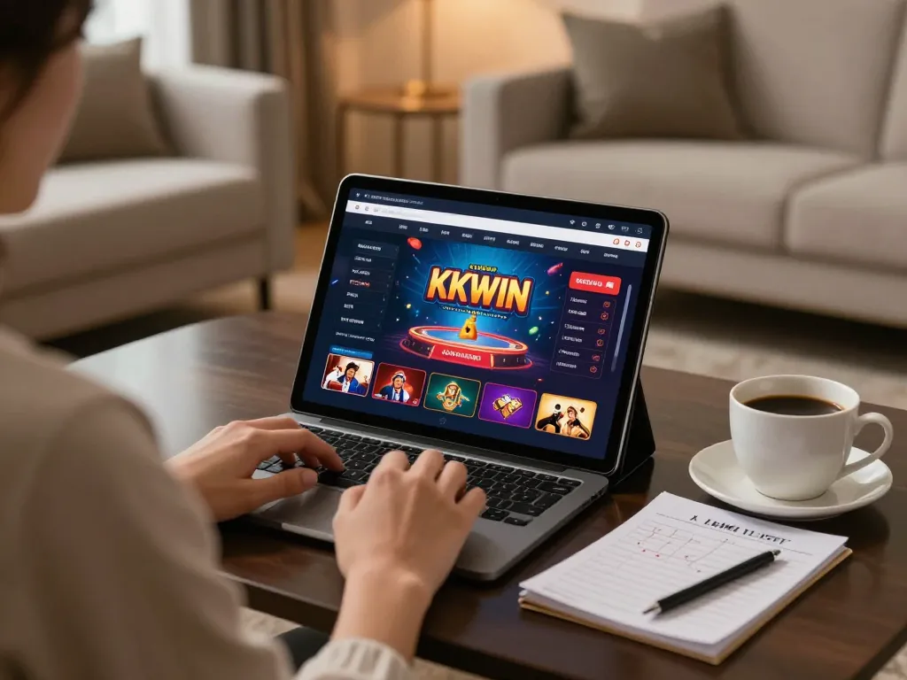 Engaging in online gaming on KKWIN with tablet, cozy home atmosphere, focusing on strategy.