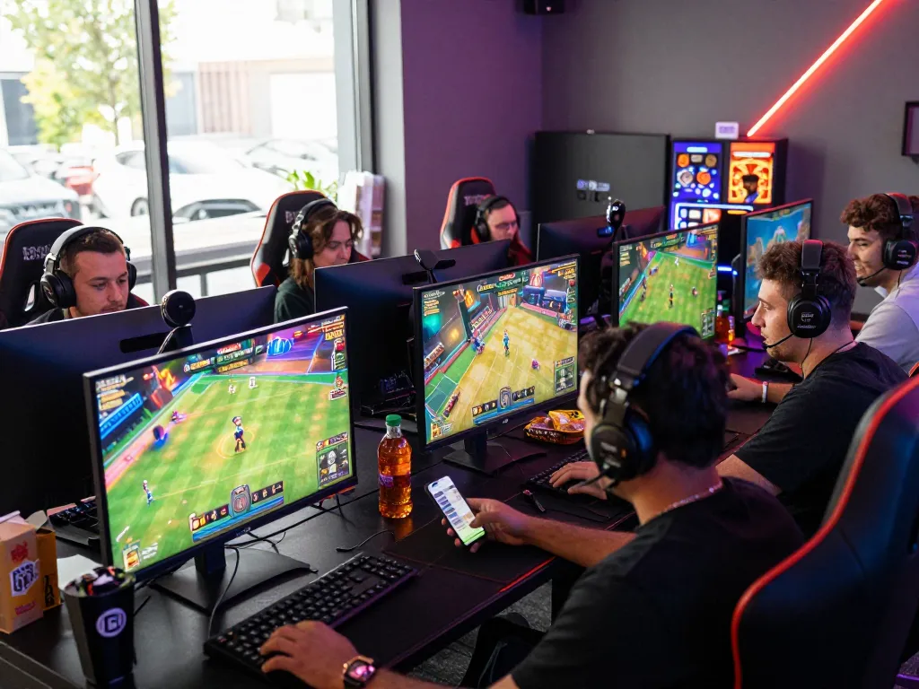 Engaging BEM88 gaming scene with diverse players at a modern gaming station.