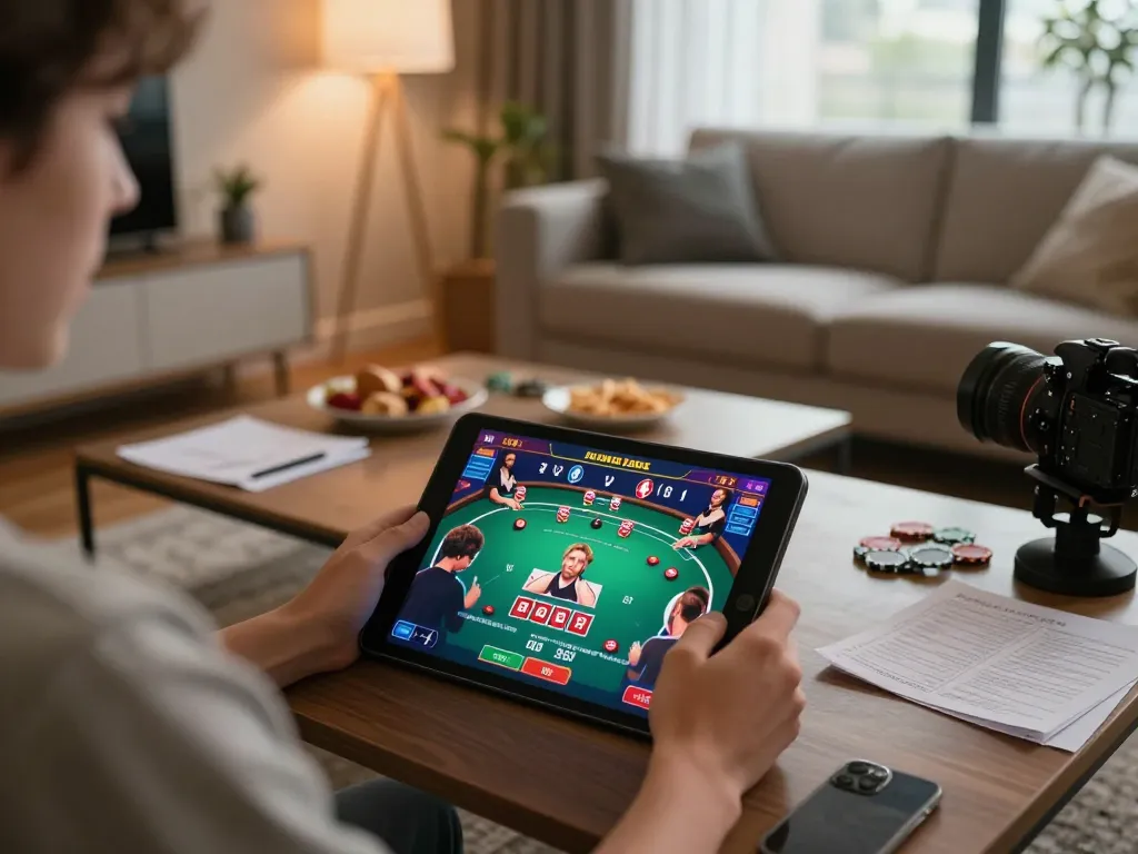 Experience online gaming with rikvip on a cozy tablet setup in a warm living room, showcasing poker excitement