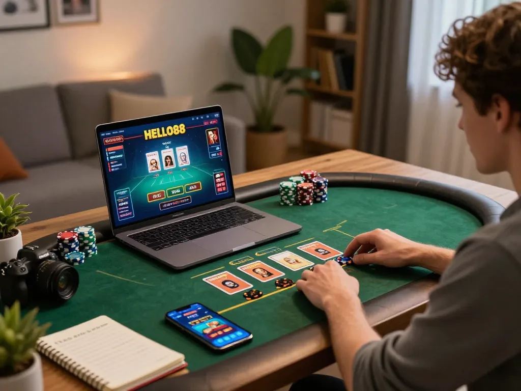 Engaging in online gaming on HELLO88 at home with laptop displaying card game.