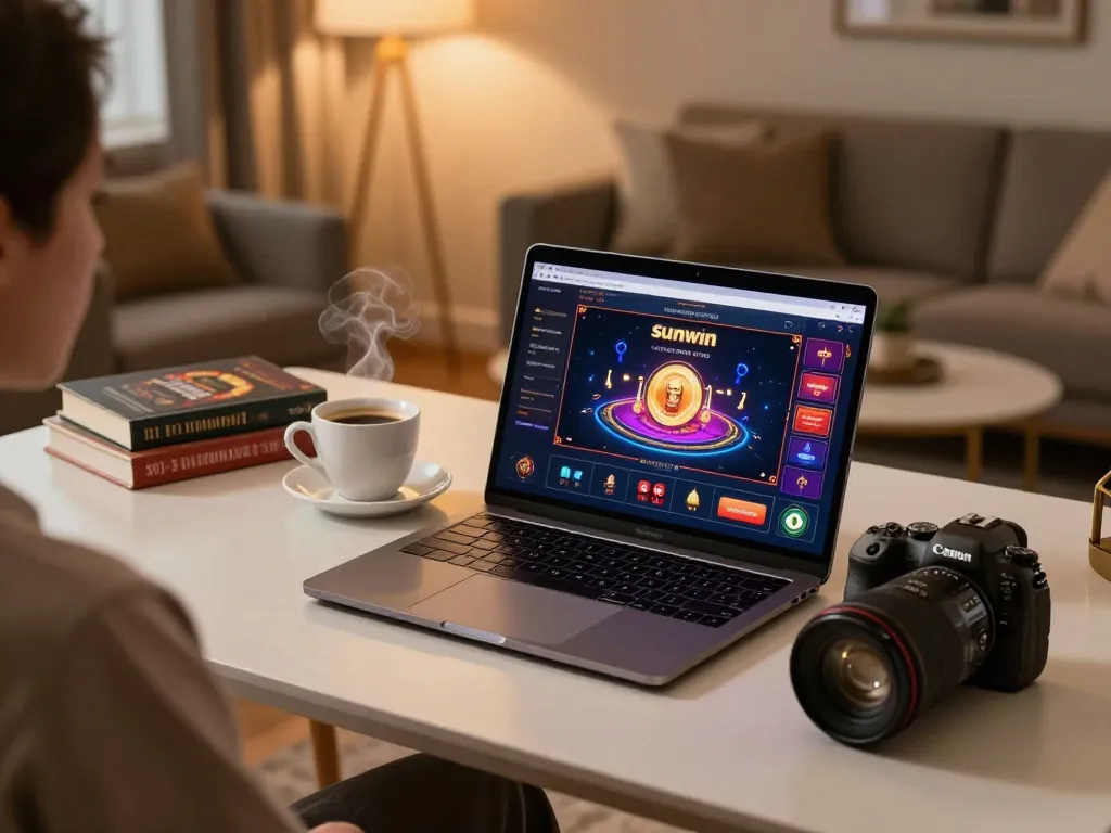 Player engaging with Sunwin online casino game at stylish home office desk