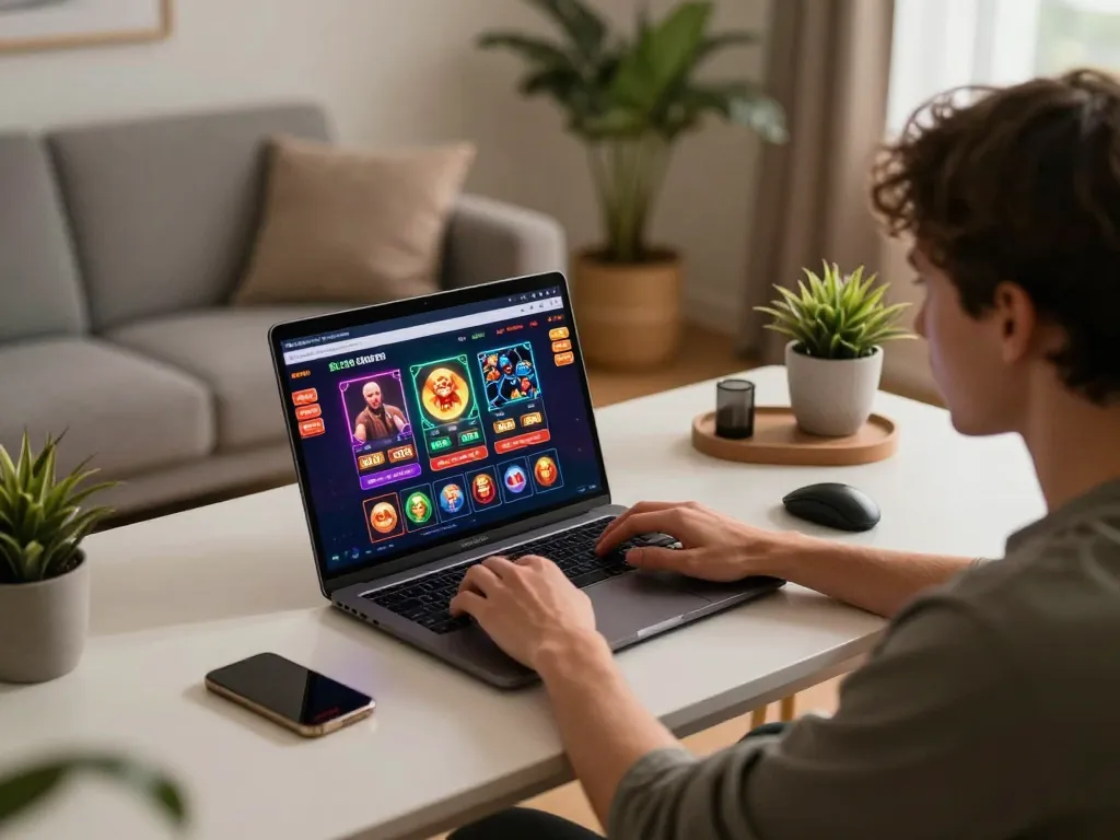 Engaged player exploring BL555 online casino games on a stylish laptop at home