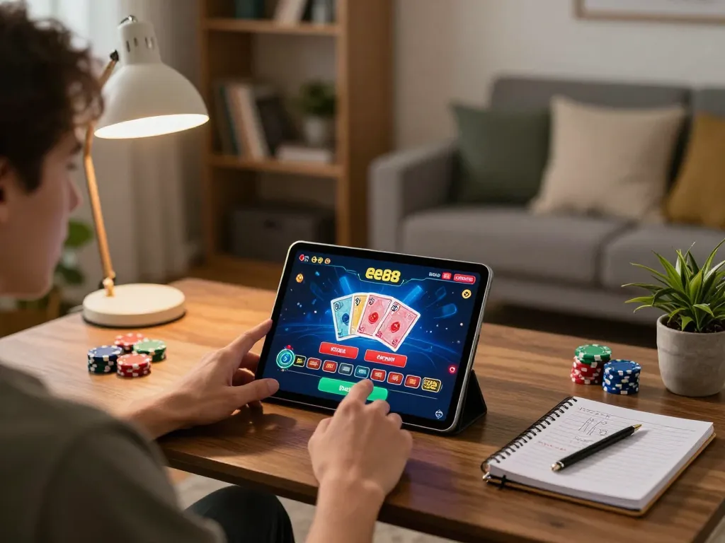 Engaged player using the ee88 app on tablet at home, enhancing online casino experience.
