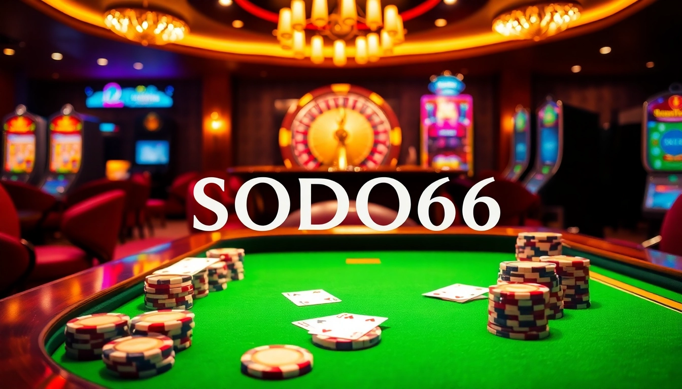 Experience the thrill of SODO66 with luxurious casino elements like poker chips and a roulette wheel.