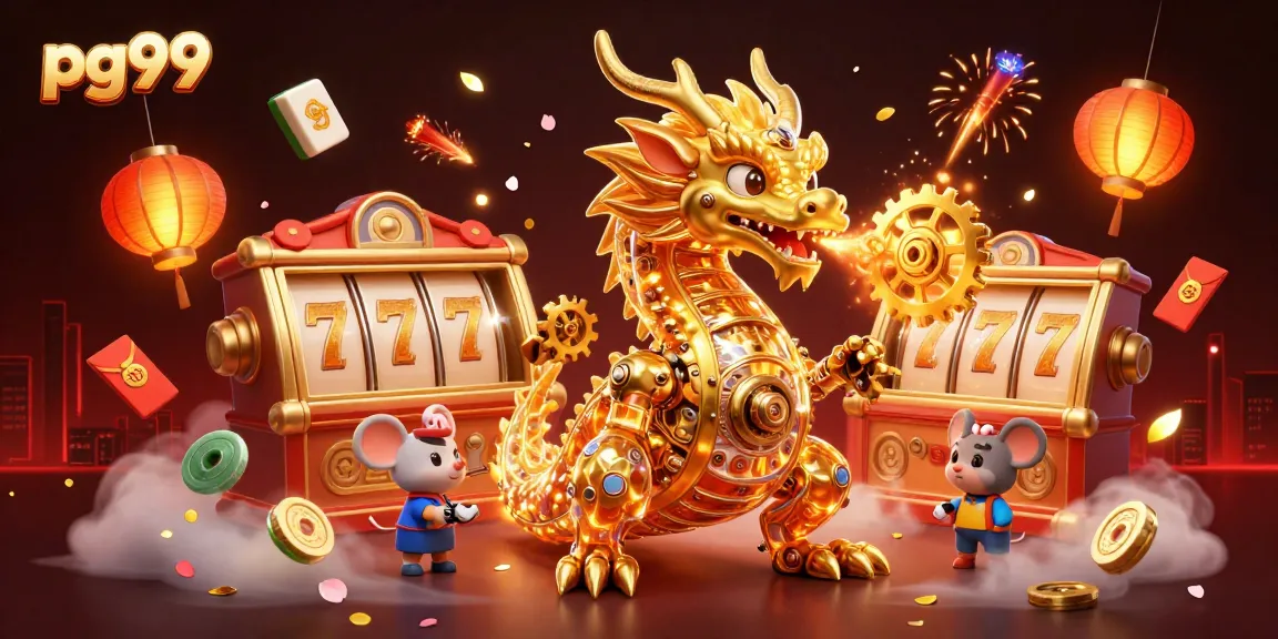 Engage with pg99 in a vibrant 3D casino scene featuring a golden dragon and festive elements.