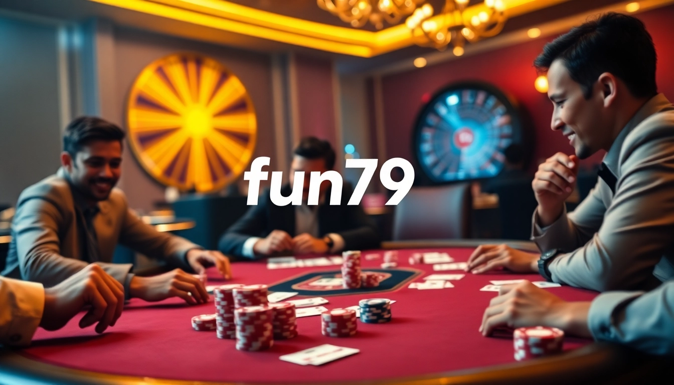 Players at a poker table enjoying a game of chance at fun79 casino, surrounded by vibrant chips and cards.