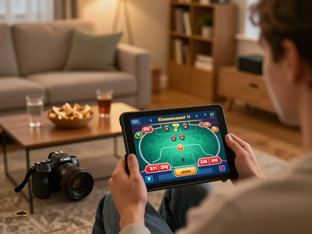 Pucuk138 online betting scene with player engaged on tablet, warm home atmosphere.