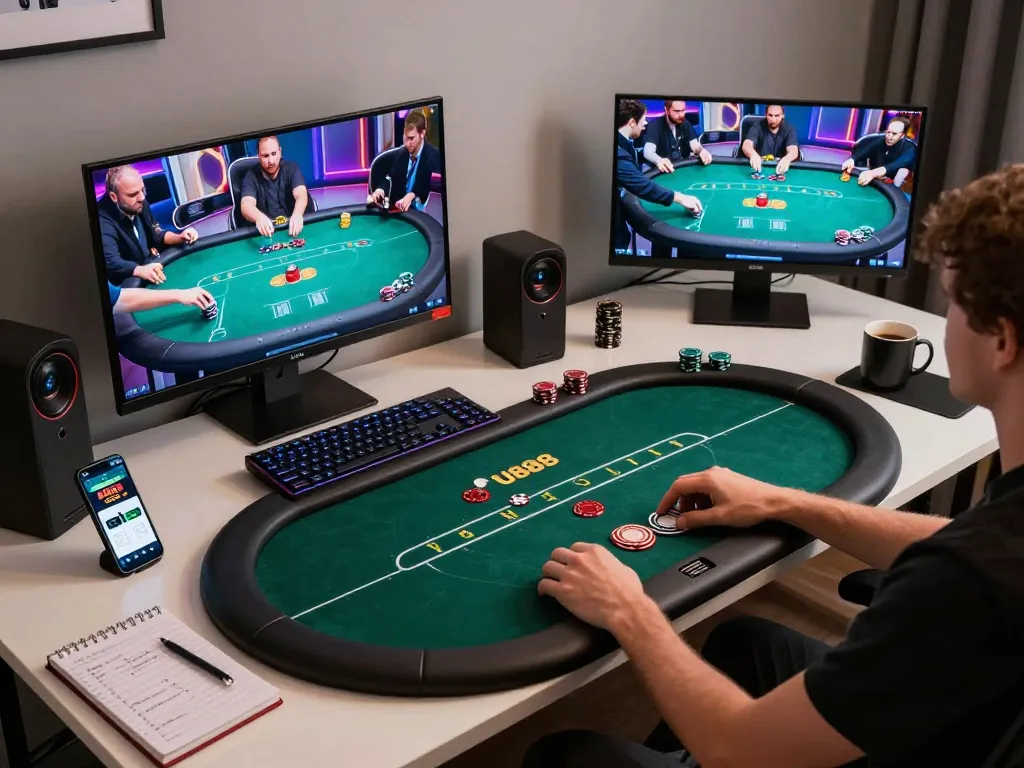 Player enjoying live dealer poker on U888, showcasing immersive online gaming experience
