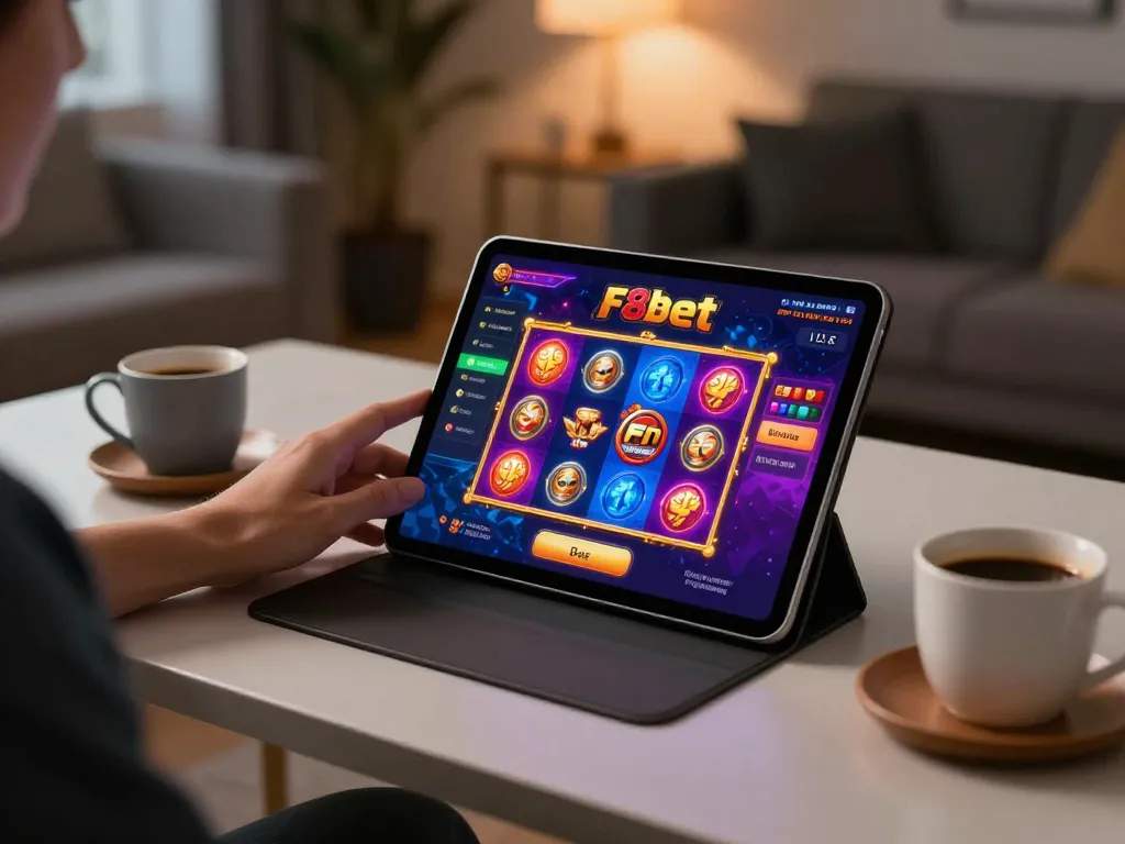 Engaging in F8bet online casino gaming at home with a vibrant slot game displayed on a tablet.