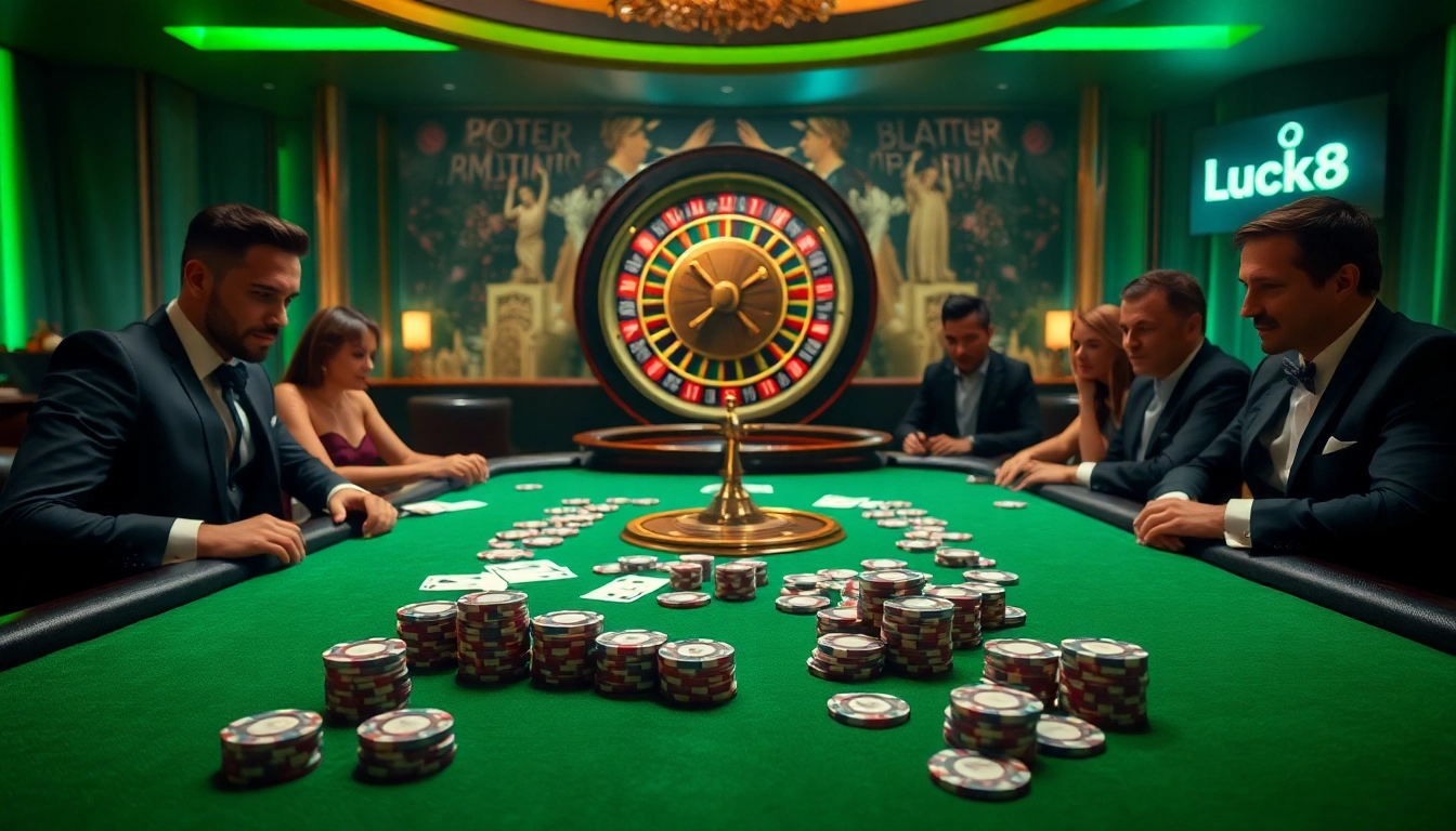Luck8 poker table scene with players engaged in high-stakes game in luxurious casino setting.