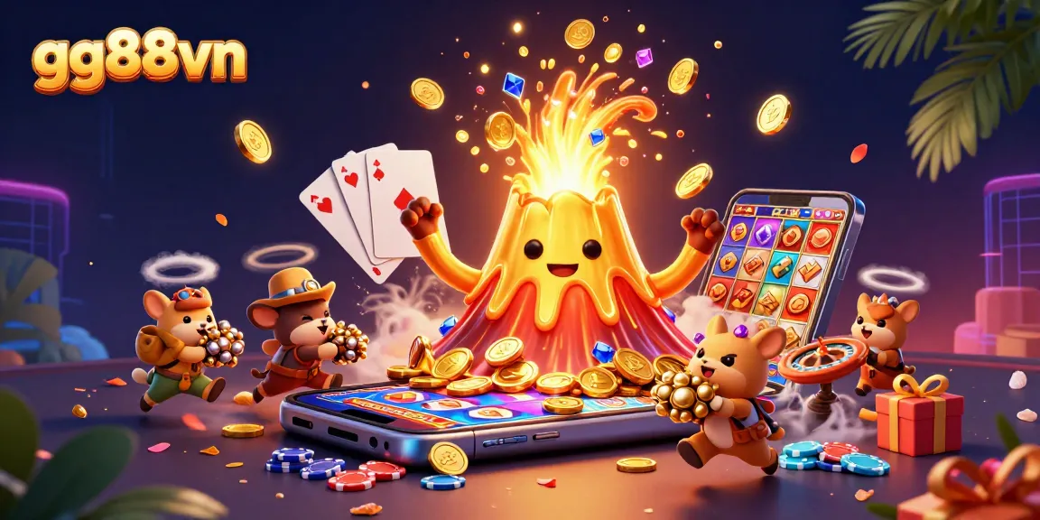 Explore the vibrant world of gg88vn, where a golden volcano erupts coins and treasures amidst bustling casino games.