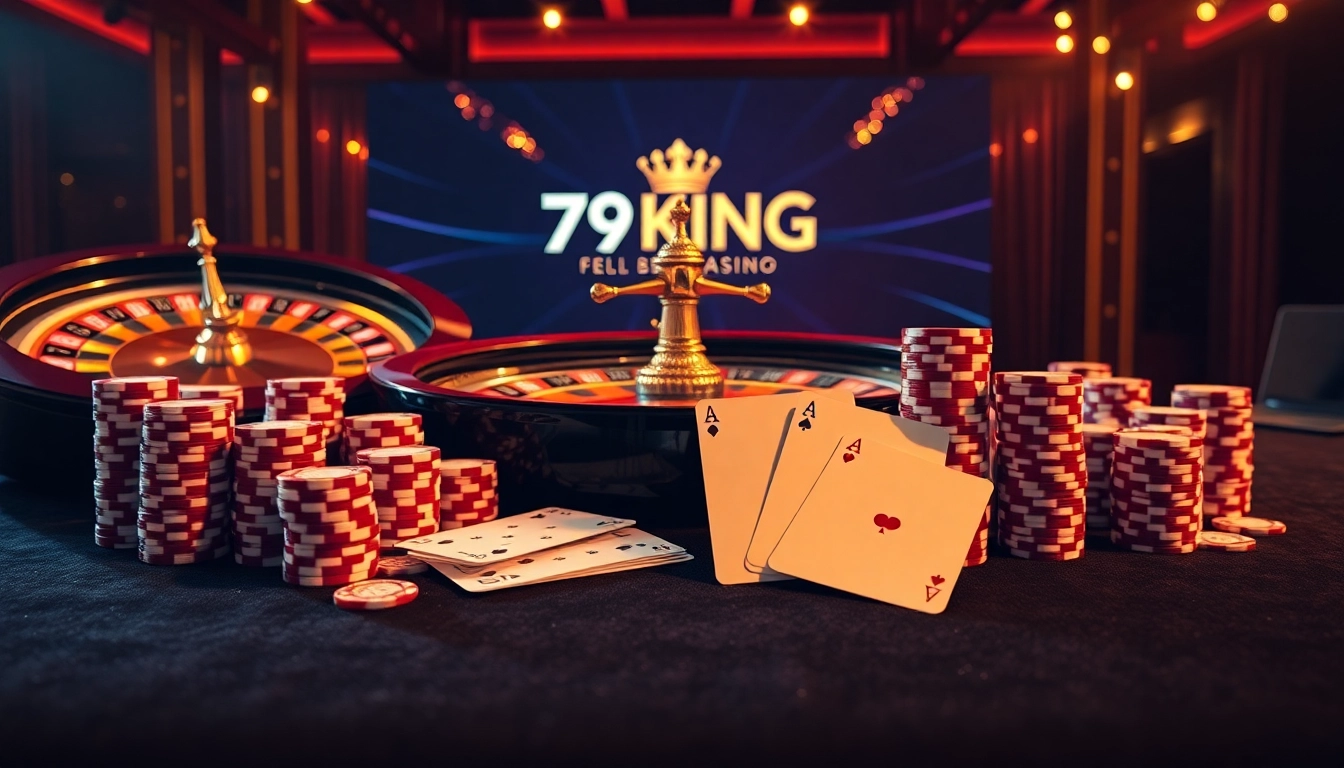 Experience the thrill of 79KING with poker chips and roulette in a luxurious online casino setting.