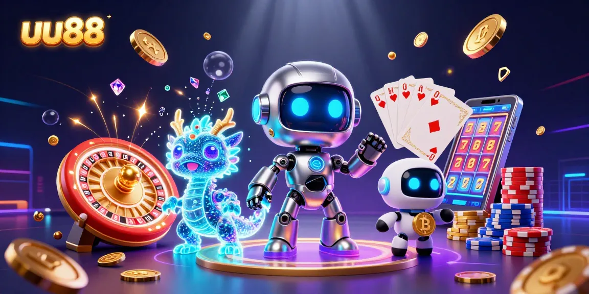 Win big with uu88 in this vibrant 3D casino scene featuring jackpot elements and game accessories.