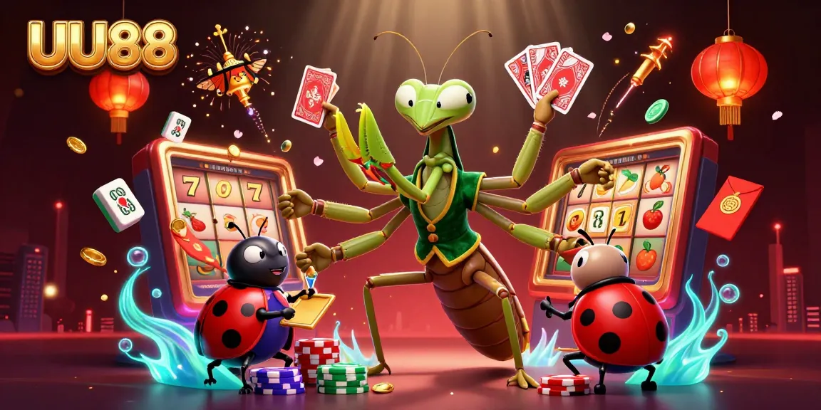 UU88 showcases a lively illustration of casino games with a giant mantis dealing cards and a ladybug pit boss.