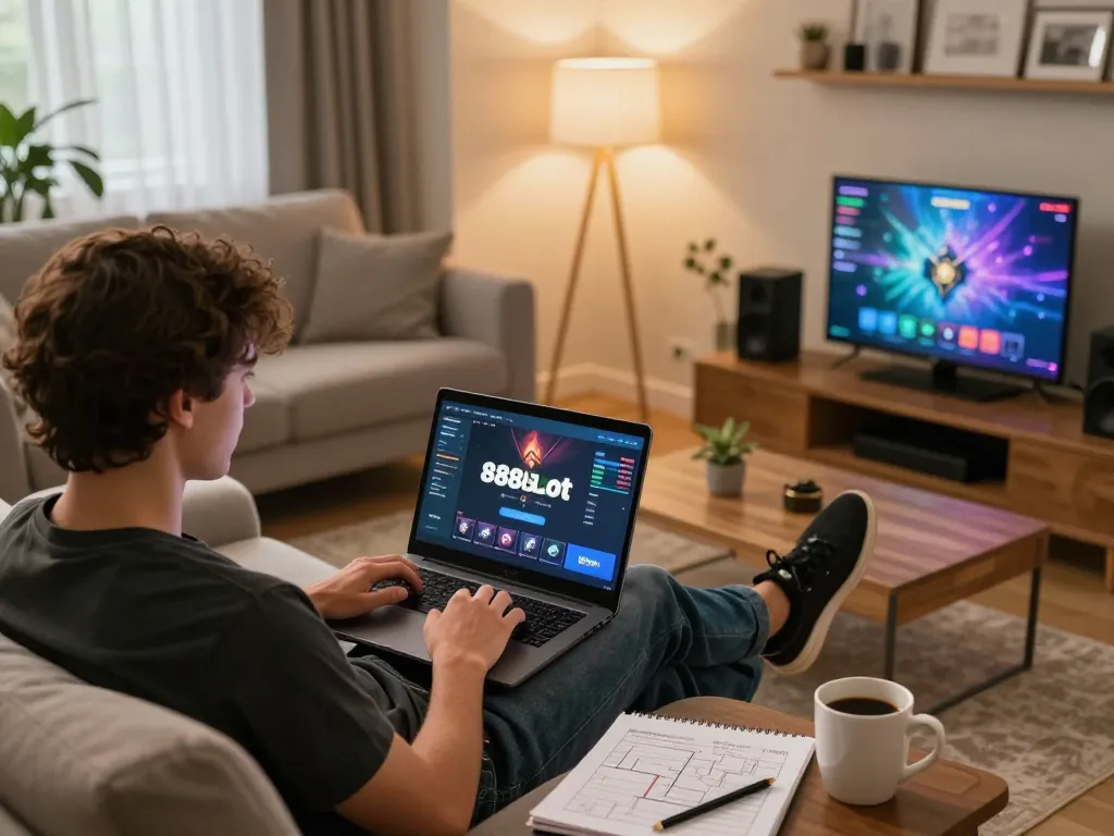 Engaging player utilizing 888slot com on laptop in a cozy home setting, fostering a responsible gaming atmosphere.