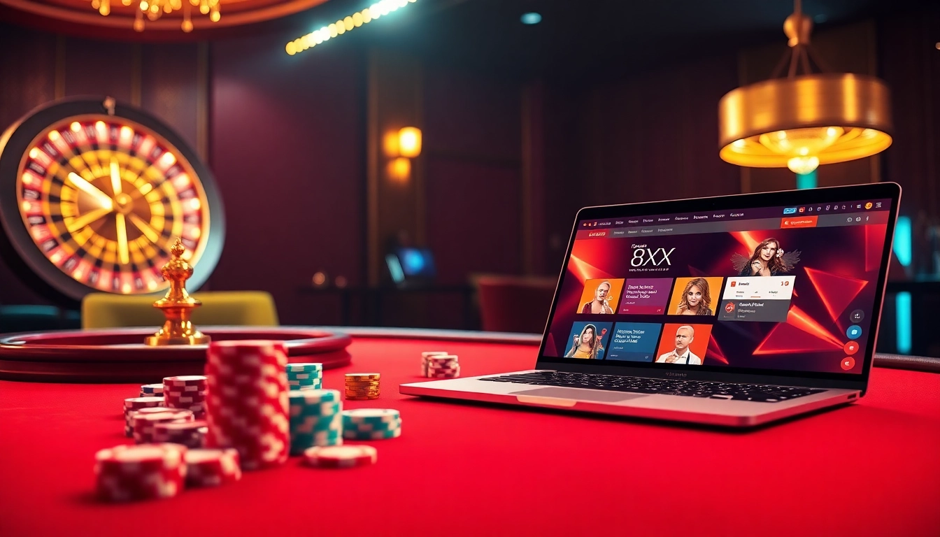 Experience the excitement at nhà cái 8XX with vibrant poker chips and a roulette wheel.