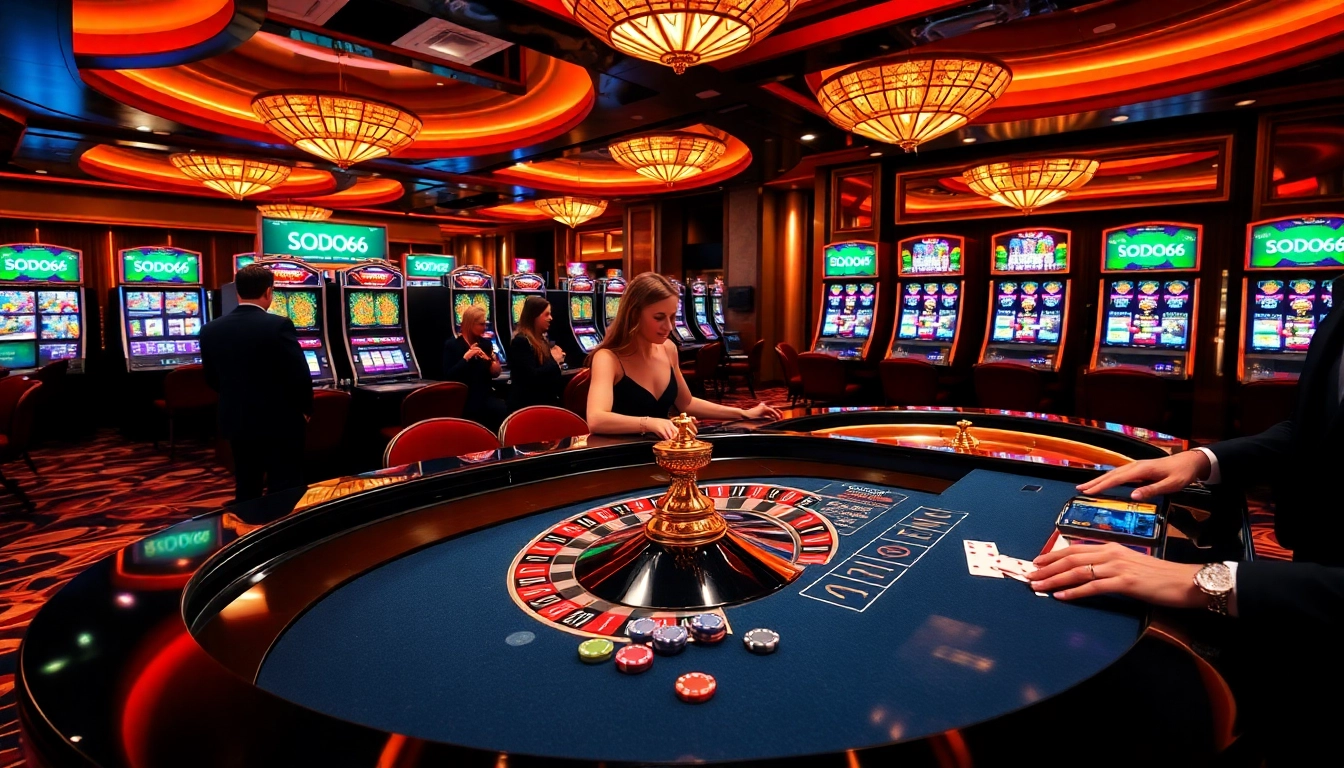 Players enjoying roulette at a luxurious SODO66 casino, with vibrant lights and gaming excitement.