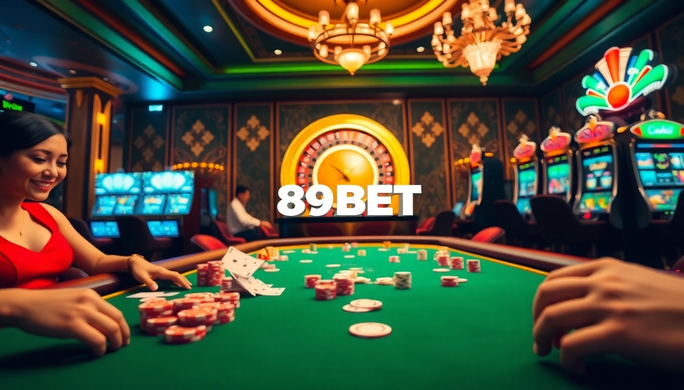 Engaging gamblers at a lively casino poker table featuring 89BET gaming elements, colorful chips, and vibrant cards.