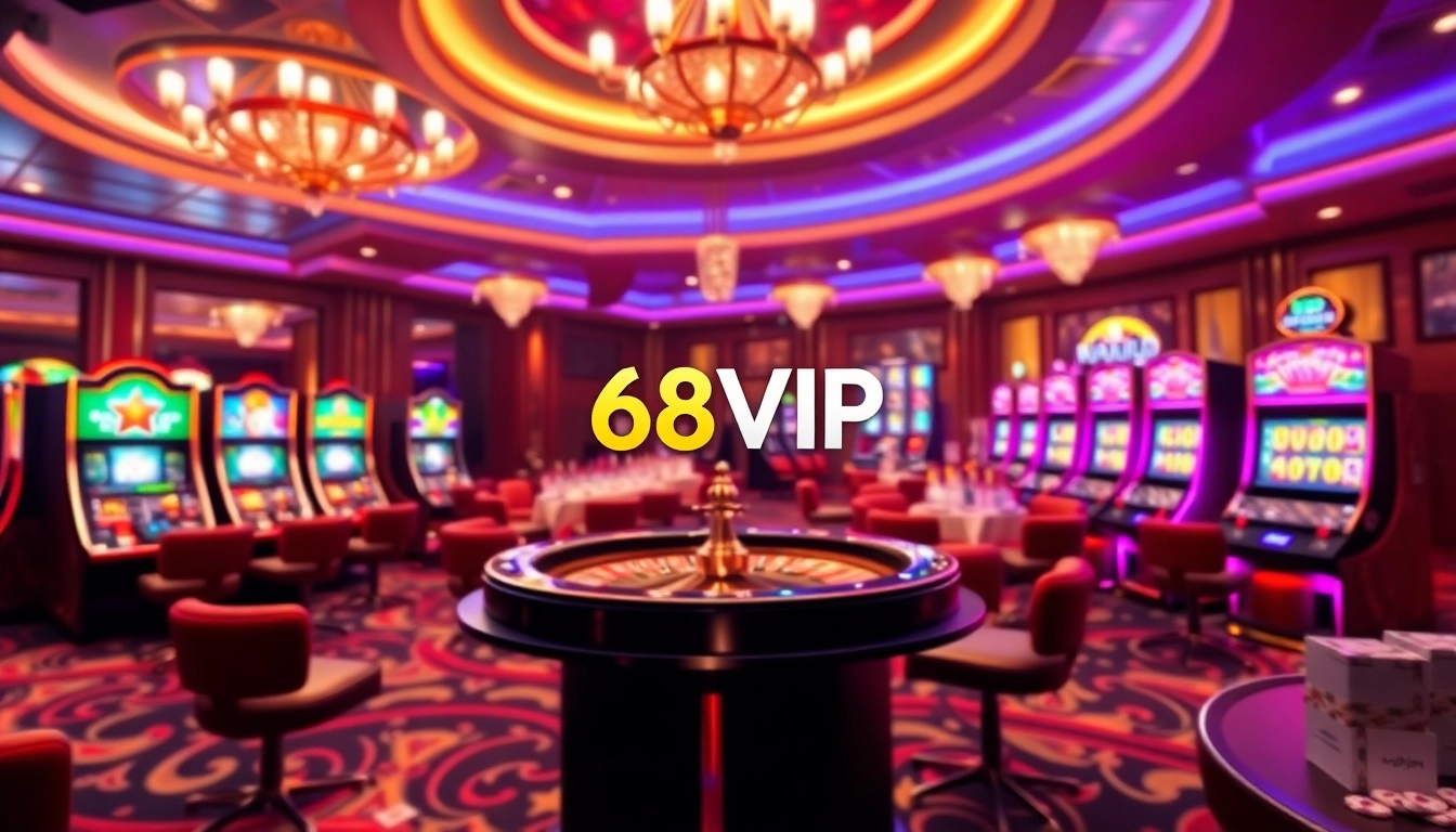 Experience the excitement of Đăng Nhập Nhà Cái 68VIP with vibrant casino elements like poker chips and slot machines.