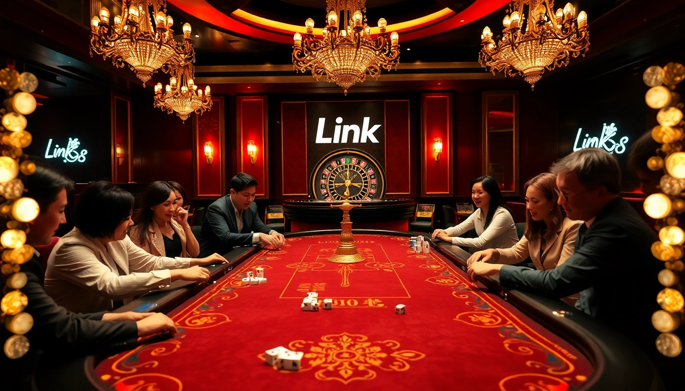Players enjoying high-stakes card games at a glamorous casino dubbed Link LUCK8.