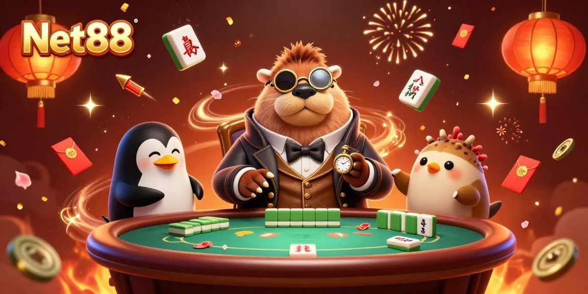 Engage in thrilling poker action at Net88 with vibrant casino graphics and playful characters.