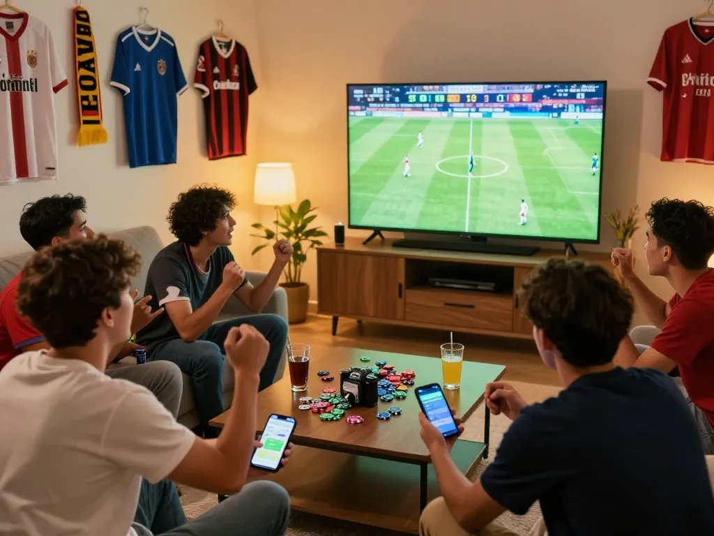 Cá độ bóng đá excitement in a vibrant living room during a football match with friends watching and betting.