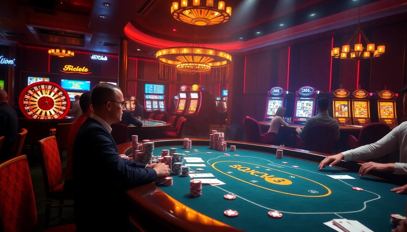 Players enjoying a high-stakes game at hitclub casino with vibrant atmosphere and poker chips.