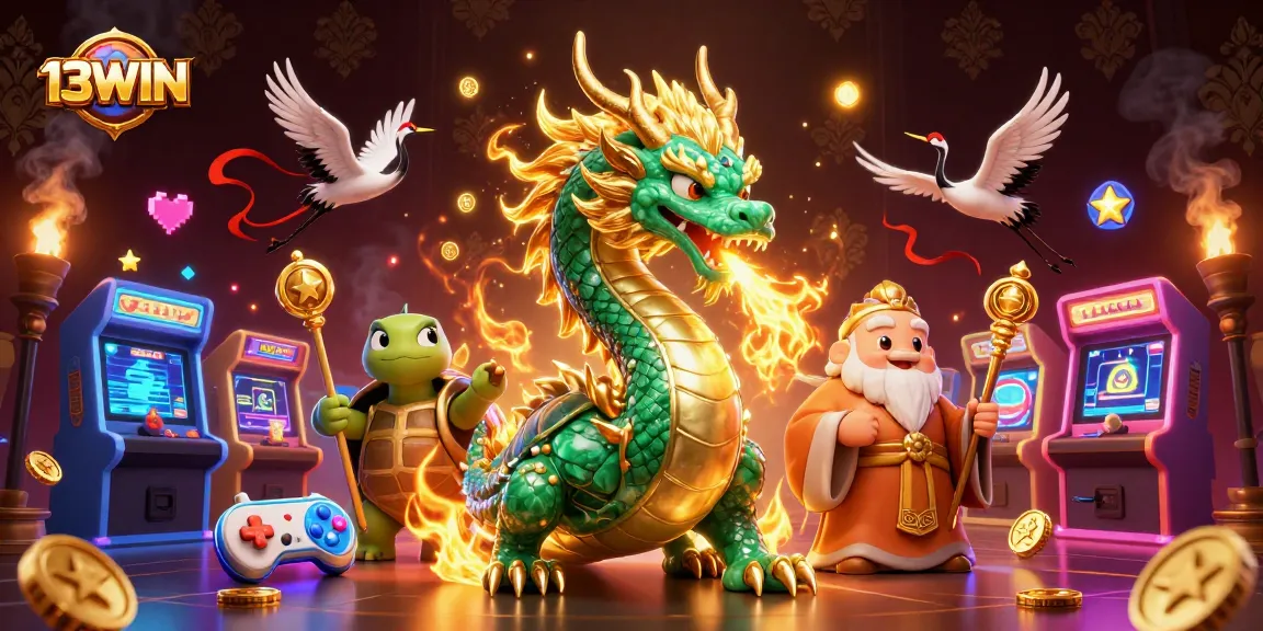 Experience the excitement of 13WIN with a vibrant 3D illustration of a dragon, turtle, and cranes in a rich casino environment.