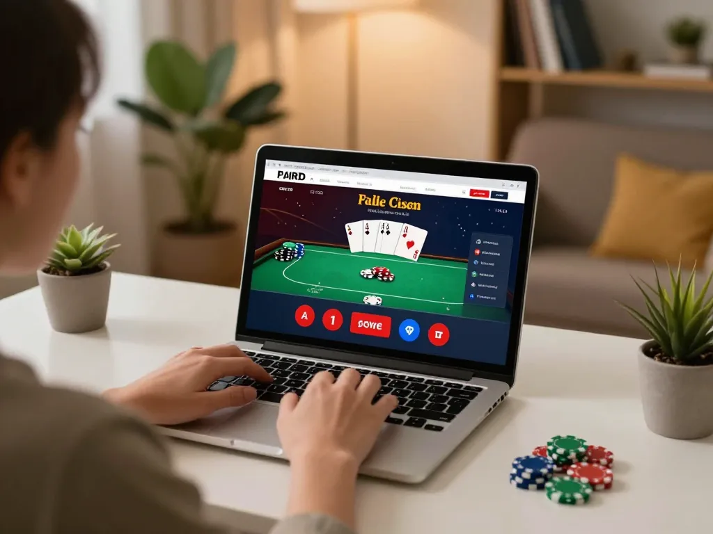 Player engaging with hi88 poker interface on laptop in cozy home setting.