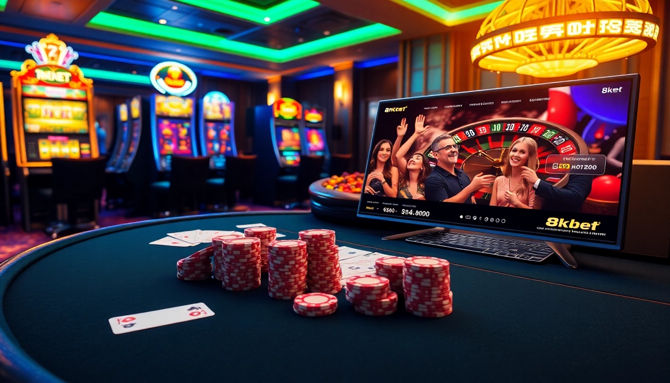Experience thrilling poker action at 8kbet, featuring vibrant chips and a luxurious casino atmosphere.