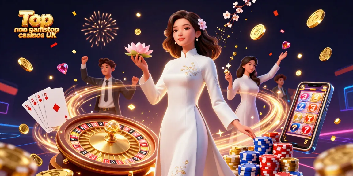 Showcase Top non gamstop casinos UK with elegant imagery of a serene woman in traditional attire amidst dynamic casino elements.