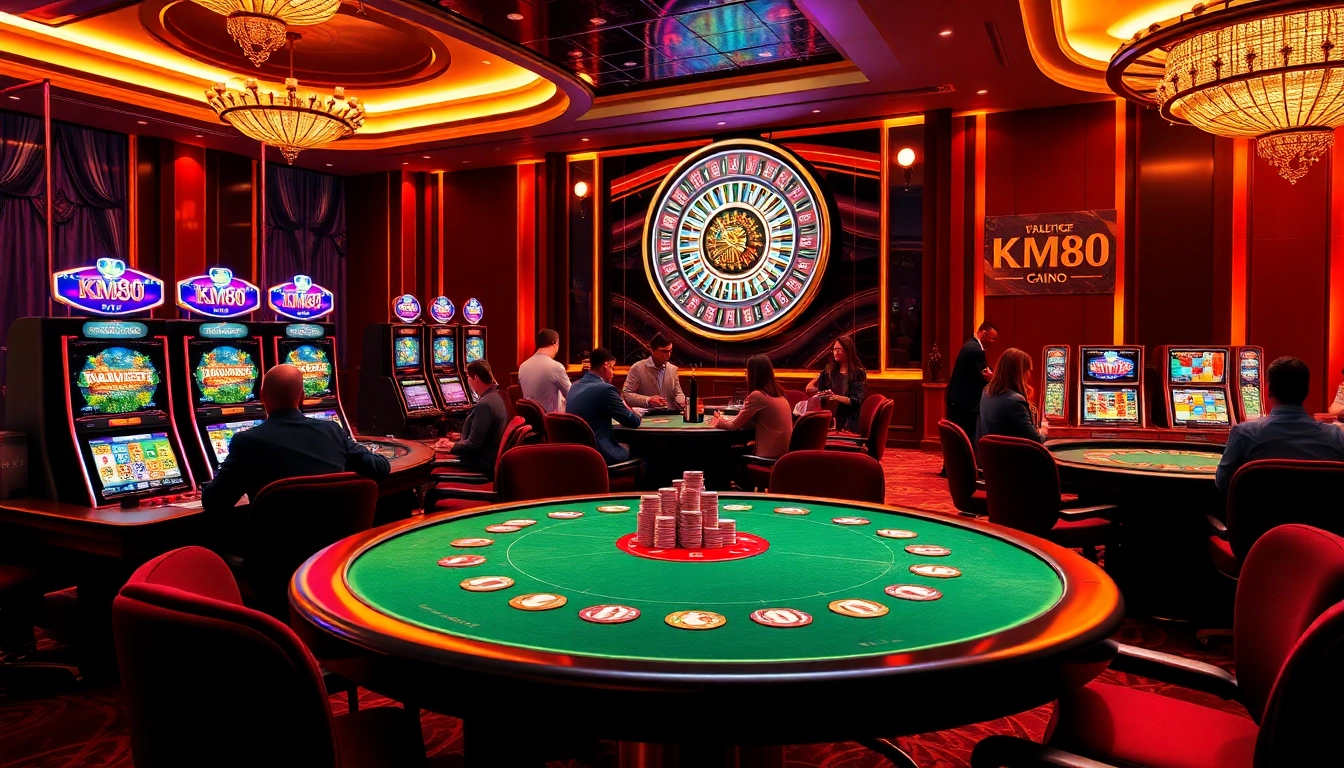 Players enjoying gambling at KM88 casino tables with vibrant slot machines and roulette wheel.