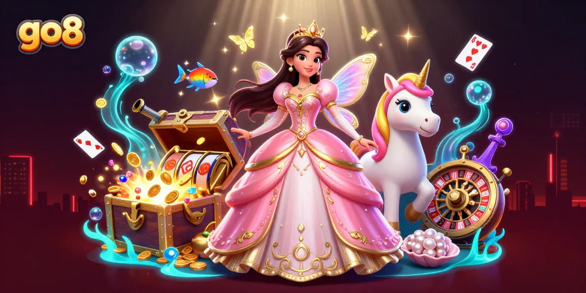 Experience the thrill of go8 with vibrant 3D casino illustration featuring a glamorous woman and a golden unicorn.