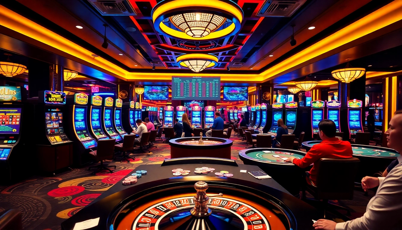 Players enjoying thrilling games at https://lu88y.com/ casino with vibrant lighting and modern gaming tables.