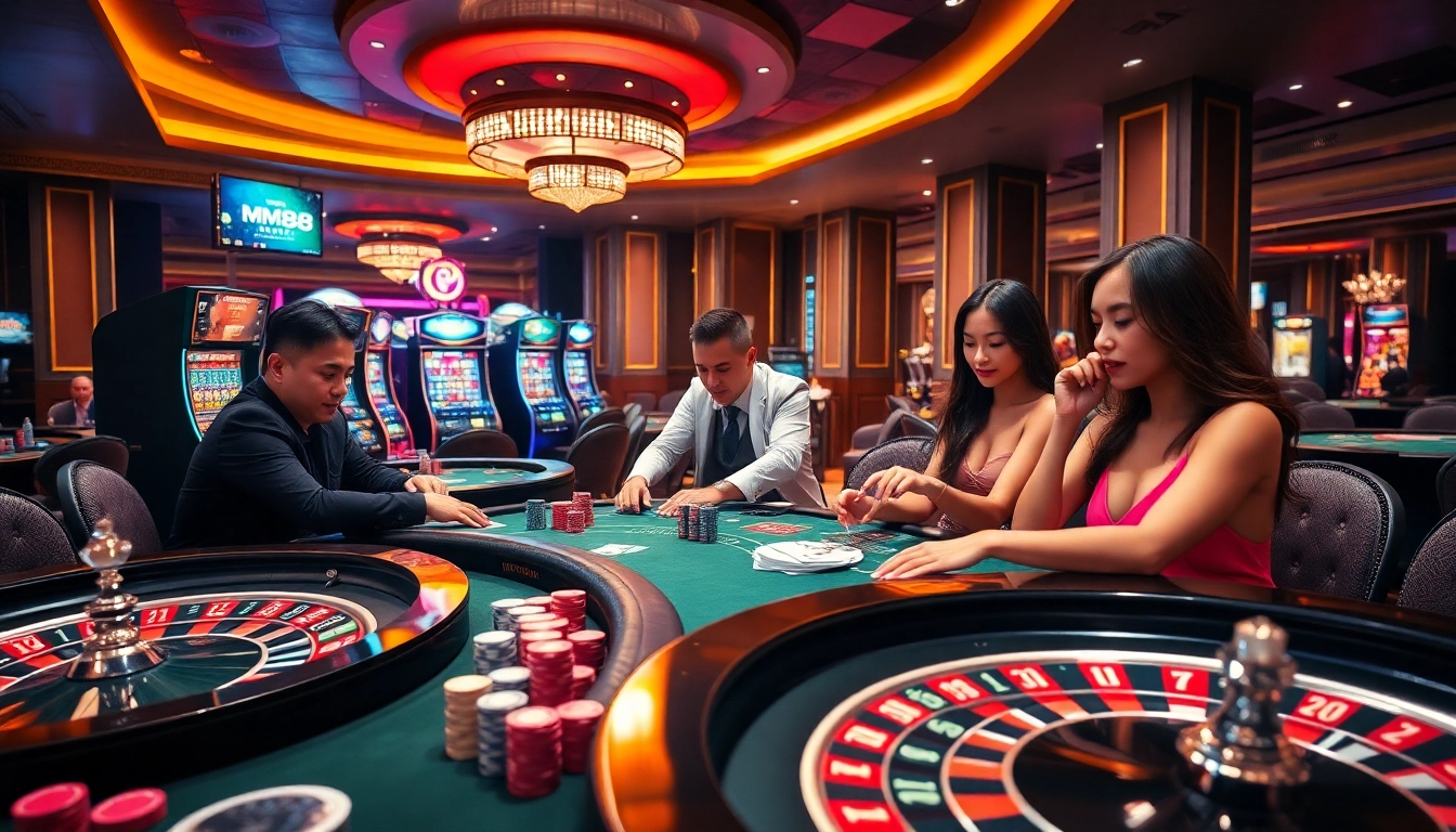 Exciting gambling scene at MM88 featuring players at poker tables and vibrant slot machines.