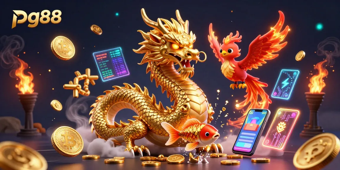 Engage with pg88 in a vibrant digital casino scene featuring mythical creatures and cryptocurrency.
