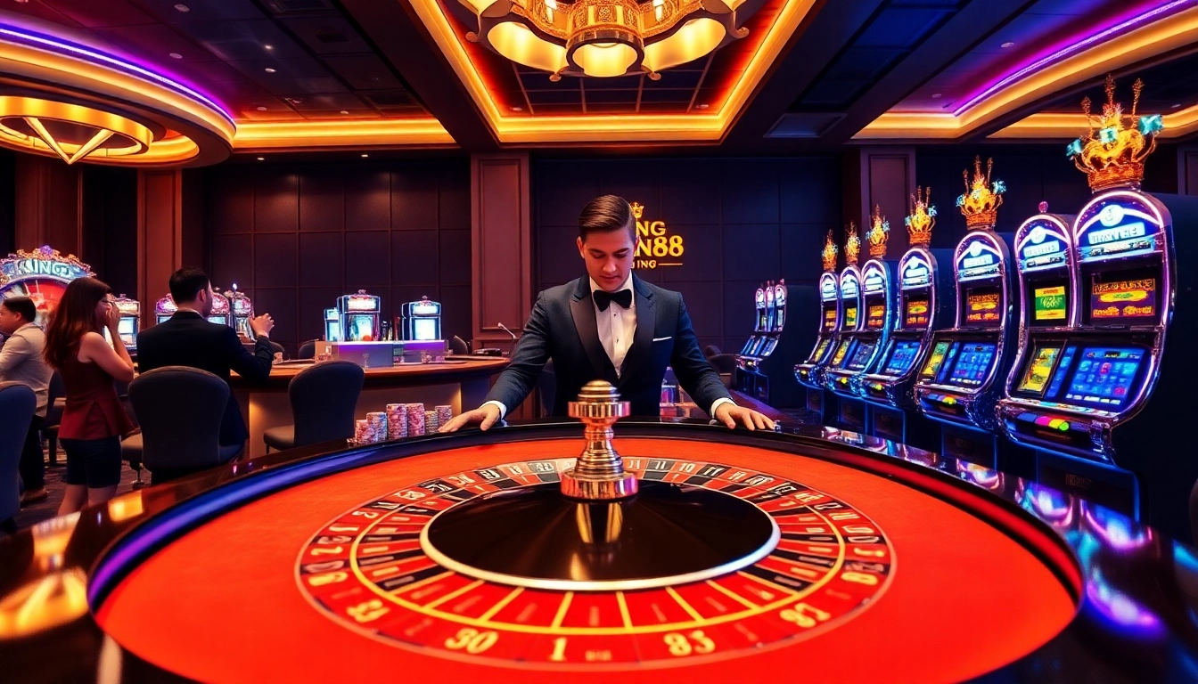 Players celebrating wins at King88 casino with vibrant slot machines and a roulette table.