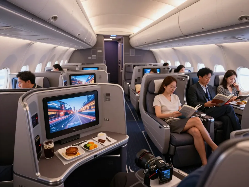 Inside the luxurious Boeing 787-9P, passenger enjoying Flagship Suite amenities.