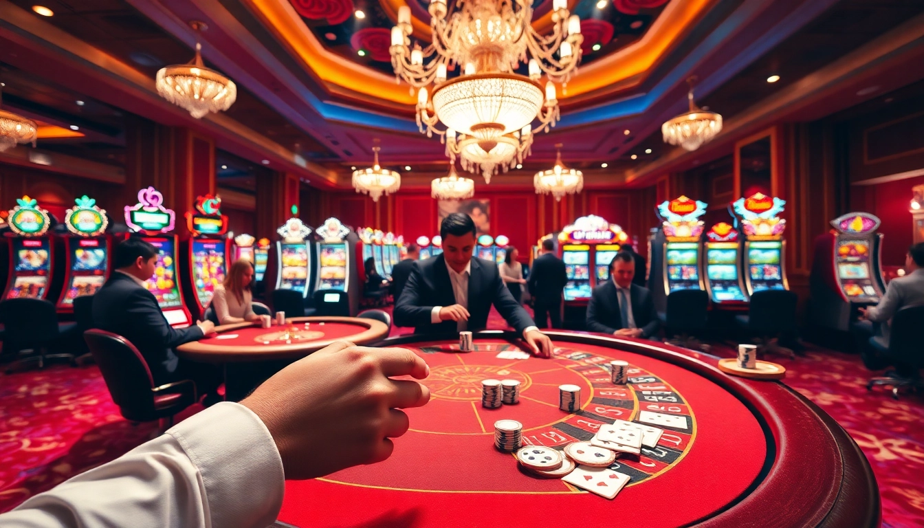 Excited players at a tk88 casino poker table, immersed in gameplay with vibrant chips and cards.