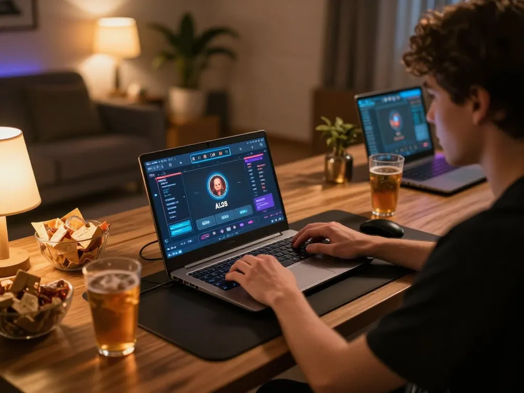 Playing ALO8 online casino game from a cozy home setup with snacks and drinks.