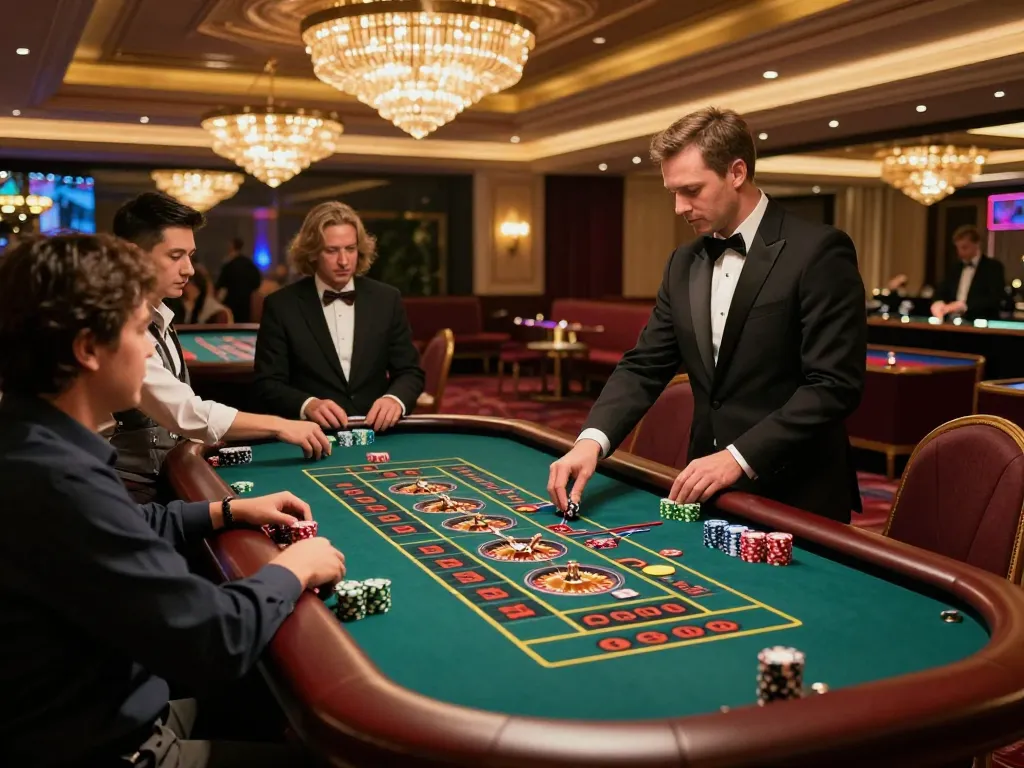 GO8 players engaging at an upscale casino roulette table with vibrant atmosphere.