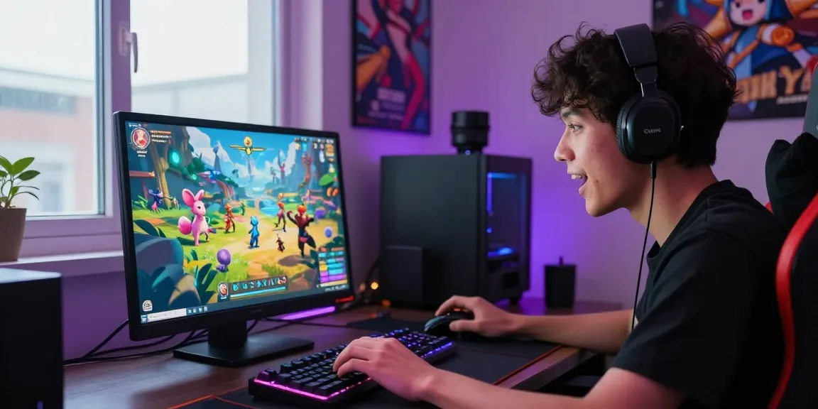 Character enjoying hentai games html on a laptop in a cozy gaming room