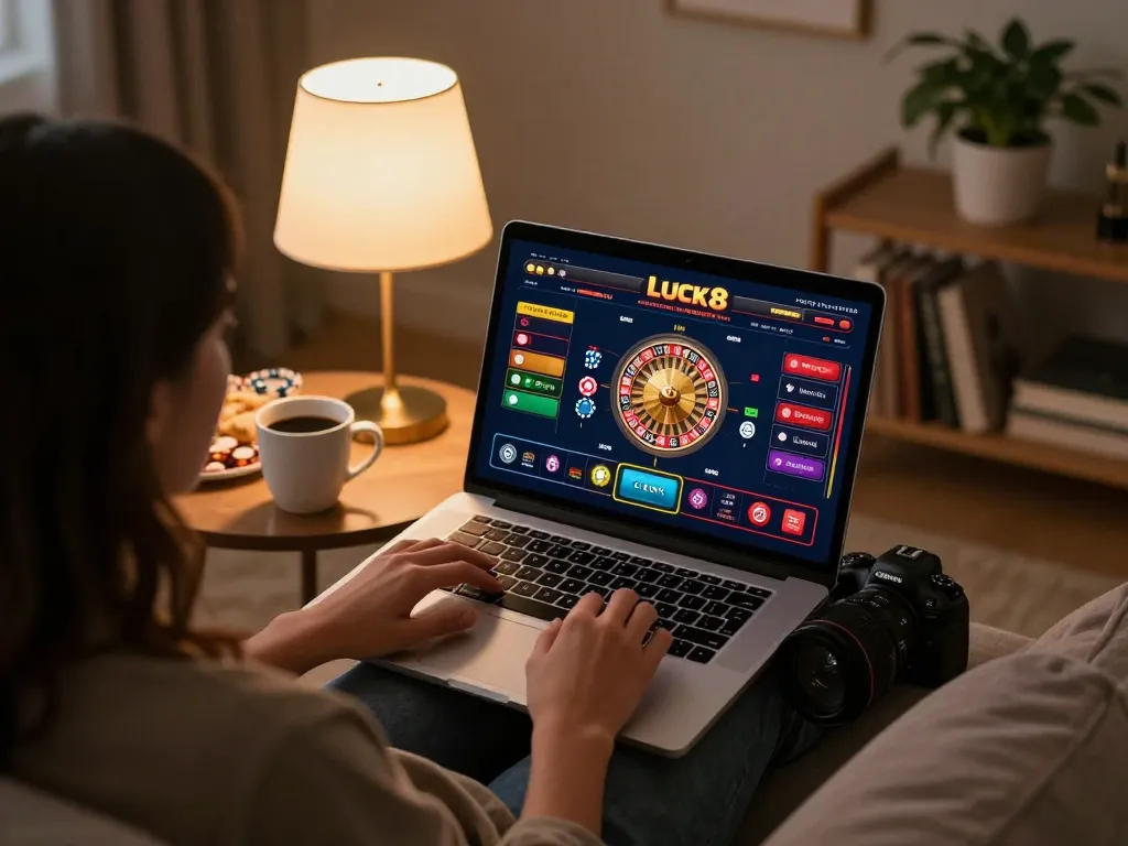 Người chơi LUCK8 tham gia trò chơi roulette trực tuyến trên laptop trong không gian ấm cúng tại nhà.